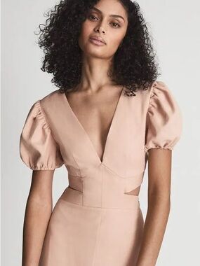 Reiss Jennah Puff Sleeve Cut Out Back Midi Dress in Linen